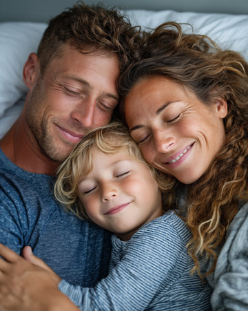 Portrait of happy family lying on bed and looking at camera at homeの素材
