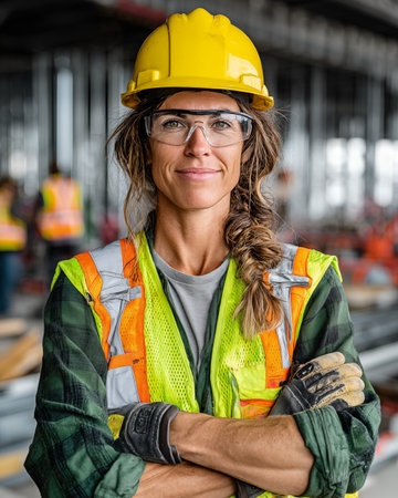 Portrait of a female worker wearing safety vest and hardhat.の素材