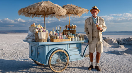 Vintage man selling ice cream in Salar de Uyuni, Boliviaの素材