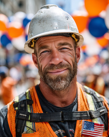 Portrait of a worker at a construction site wearing a hard hatの素材