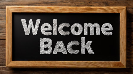 Welcome Back - Text on Blackboard, Old Wooden Background. Business Concept.の素材