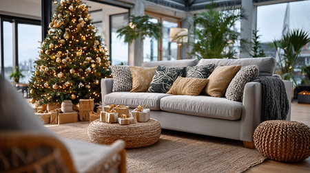 Beautiful living room interior with christmas tree, sofa and armchairの素材