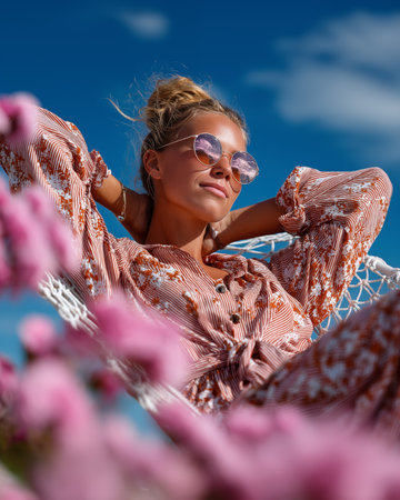 Beautiful young woman in blooming garden on a sunny summer dayの素材
