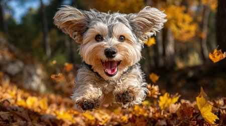 Yorkshire Terrier is jumping in the autumn leaves. The dog is full of joy.の素材
