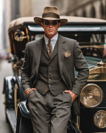 stylish man in hat and suit posing with vintage car on streetの素材