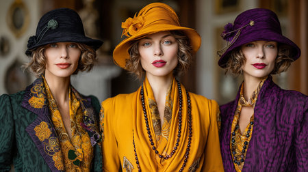 Portrait of three beautiful women in hats with scarves and scarvesの素材