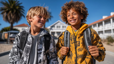 Portrait of two boys with backpacks smiling at camera on sunny dayの素材