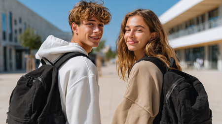 portrait of young couple with backpacks looking at camera on streetの素材