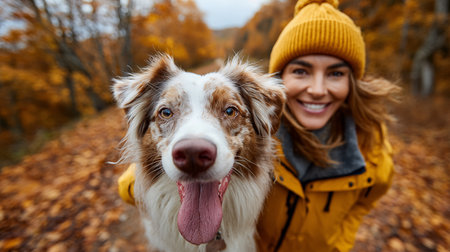 Portrait of a smiling woman in a yellow jacket with a dog in the autumn forest.の素材