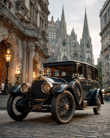 Vintage car in front of St. Stephens Basilica, Vienna, Austriaの素材
