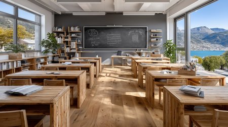 Interior of a modern coffee shop with wooden tables and chairs. 3d renderingの素材