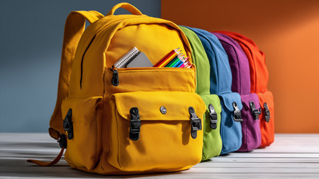 Backpack with school supplies on wooden table. Back to school conceptの素材