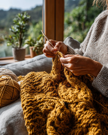 Cropped image of woman knitting with knitting needles on sofa at homeの素材