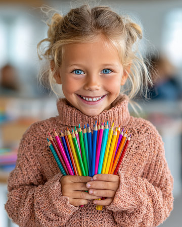 Portrait of smiling little girl holding colorful pencils in her handsの素材
