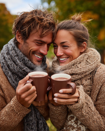 Couple in warm sweaters and scarves drinking hot chocolate in autumn forestの素材