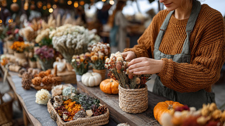 Cropped image of female florist in apron making bouquet of dried flowers at marketの素材