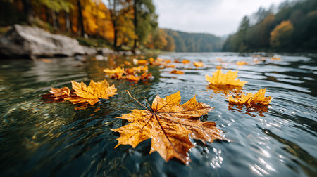 Autumn leaves on the water in the forest lake. nature backgroundの素材