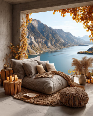 Interior of a modern bedroom with a beautiful view of the lakeの素材