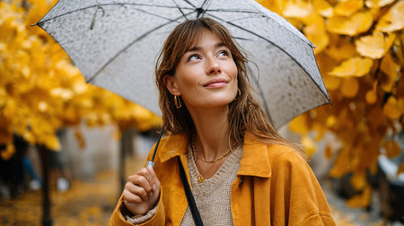 Portrait of a beautiful young woman with umbrella in the autumn parkの素材