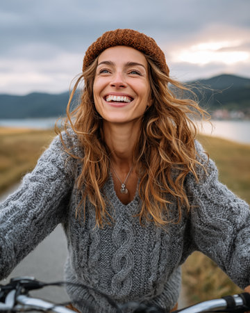 Smiling young woman riding a bicycle in the countryside on a cloudy dayの素材