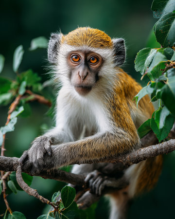 Portrait of a cute monkey sitting on a branch in the jungleの素材