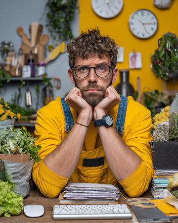 Portrait of a young male florist working in his flower shopの素材