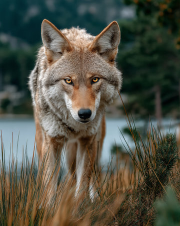 Portrait of a wild wolf on the background of the lake.の素材