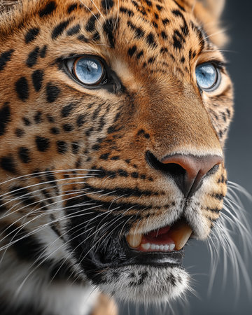 Close-up portrait of a leopard with big blue eyes.の素材