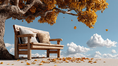 Wooden bench in the park with autumn leaves. 3d renderingの素材