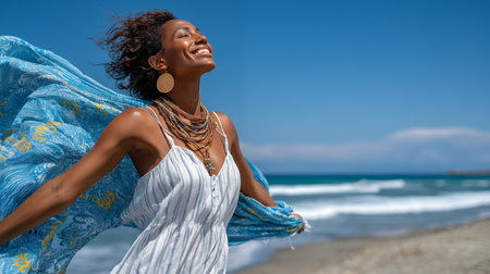 Portrait of a beautiful african american woman in a white dress on the beach.の素材