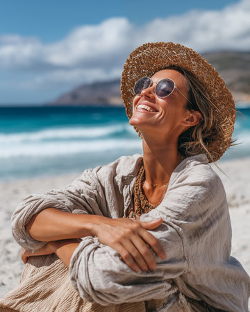 Portrait of a smiling young woman wearing straw hat and sunglasses sitting on the beachの素材