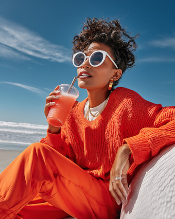 stylish young woman in sunglasses and orange sweater drinking cocktail on beachの素材