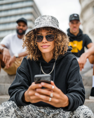 Stylish young woman with curly hair wearing a hat and sunglasses sitting on the stairs in the city and using her mobile phoneの素材