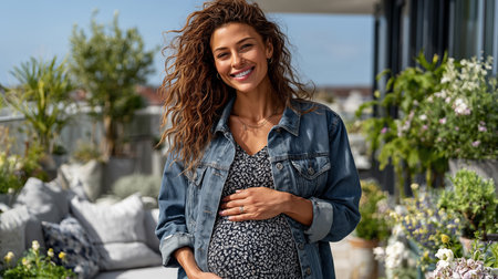 Portrait of a beautiful pregnant woman standing in her garden, looking at camera and smilingの素材
