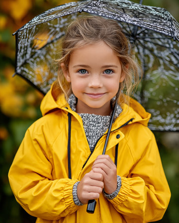 Portrait of a little girl in a yellow raincoat with an umbrella.の素材