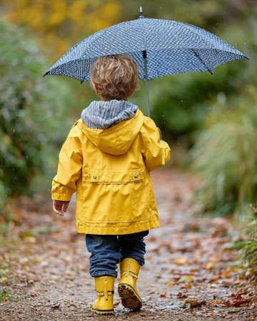 Little toddler boy in yellow raincoat with umbrella walking in autumn parkの素材