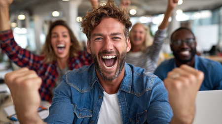 Portrait of happy young businessman in office with colleagues in the backgroundの素材