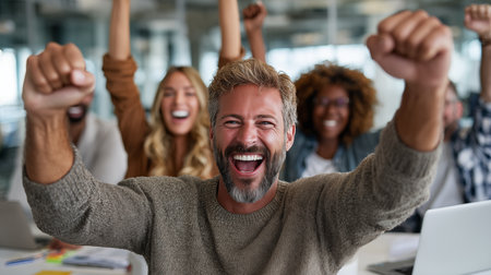 Portrait of happy businessman with arms raised while colleagues cheering in officeの素材
