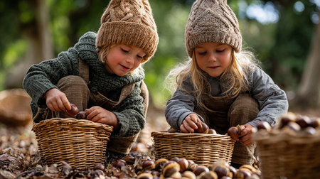 Adorable little girls picking chestnuts on an autumn day in the countrysideの素材
