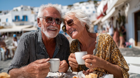 Happy senior couple drinking coffee in cafe on Santorini island, Greeceの素材