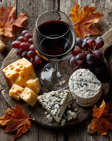 Glass of red wine with cheese, grapes and leaves on wooden backgroundの素材