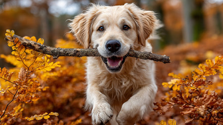 Golden Retriever playing with a stick in the autumn forest.の素材