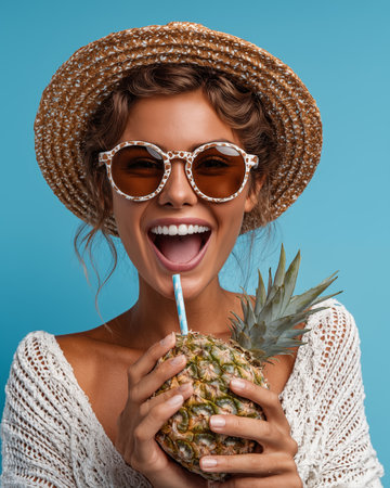 cheerful young woman in hat and sunglasses holding pineapple and drinking straw isolated on blueの素材