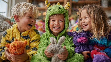 Group of kids in pajamas playing with toys at home.の素材