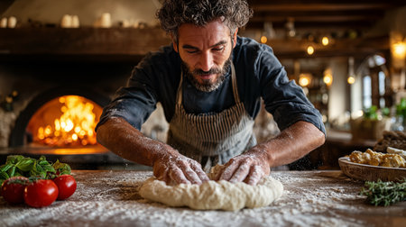 Man kneading dough for pizza in the kitchen at home.の素材