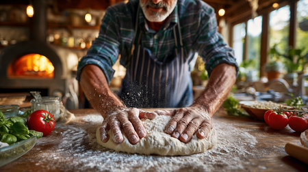 Hands of senior man kneading dough on wooden table in kitchenの素材