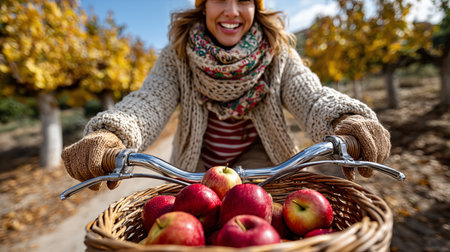 Portrait of happy young woman with basket of apples in vineyardの素材