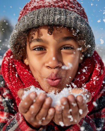 Close up portrait of a boy blowing snowflakes on his faceの素材
