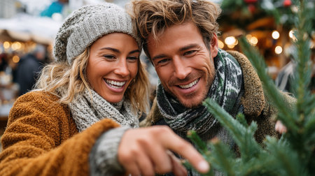 Happy couple pointing finger at christmas tree at market in winter dayの素材