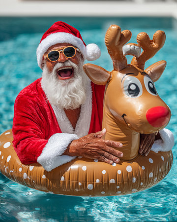Happy Santa Claus with reindeer in swimming pool. Christmas vacation concept.の素材